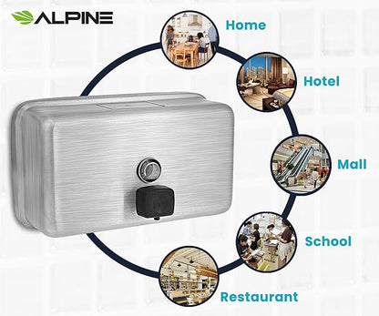 Alpine Commercial Wall-Mounted Soap Dispenser – Stainless Steel, Liquid, Manual Pump, ADA Compliant, 1200ml for High-Traffic Bathrooms (Horizontal)