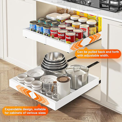 LEGUANG Expandable Pull-Out Cabinet Organizers (12.6-20.4" W x 21" D) - Upgraded 3 Quiet Slide Rails, Nano-Film Adhesive Fixing, White, Fit Kitchen/Living Room/Bathroom/Vanity