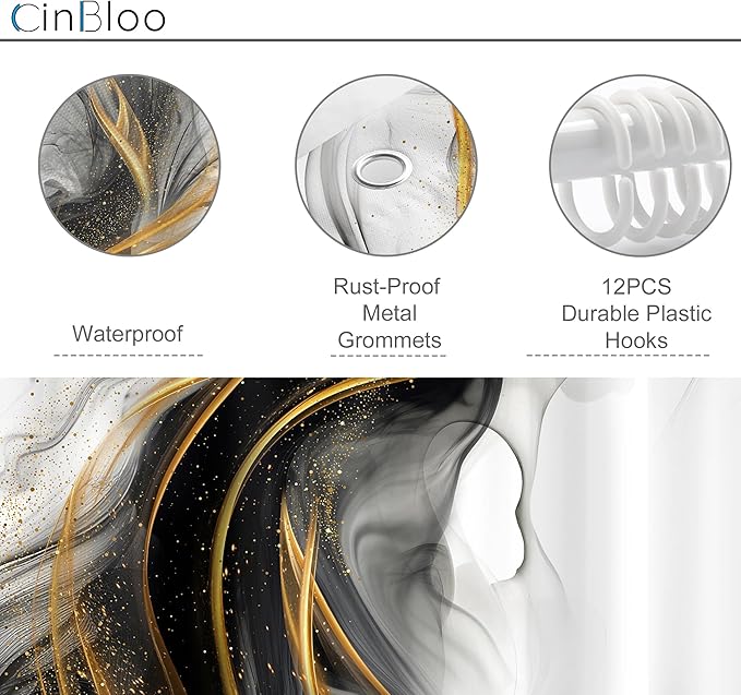 Cinbloo Black and Gold Marble 72Wx72H Shower Curtain Abstract Ink Texture Modern Ombre Grey Golden Minimalist Elegant Luxury Aesthetic Bathroom Curtain Set Neutral Bath Bathroom Accessories Decor