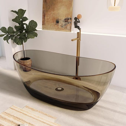 65" Premium Solid Surface Freestanding Bathtub, Contemporary Design Stand Alone Stone Resin Tub with Overflow and Pop-up Drain, Transparent Brown