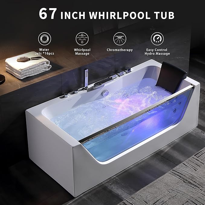 Empava 67” Whirlpool Bathtub with Chromatherapy, Hydrotherapy Jetted Bathtub with Glass Panel, 11 Jets,3-Side Apron,67 Gallons,ETL Certified, White