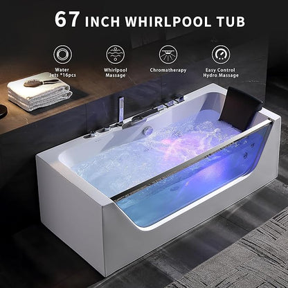 Empava 67” Whirlpool Bathtub with Chromatherapy, Hydrotherapy Jetted Bathtub with Glass Panel, 11 Jets,3-Side Apron,67 Gallons,ETL Certified, White