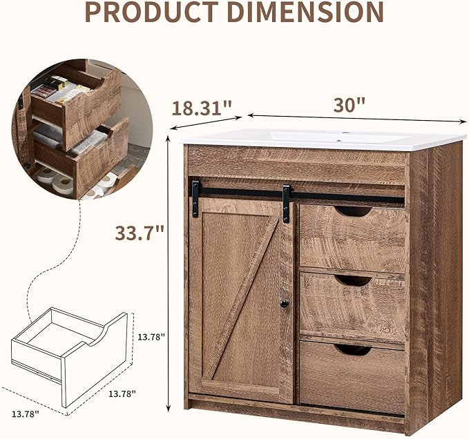 30" Farmhouse Bathroom Vanity with Ceramic Sink Combo, Freestanding Modern Bathroom Storage Vanity Cabinet w/Sliding Barn Door, 3 Drawers & Adjustable Shelves, Light Brown