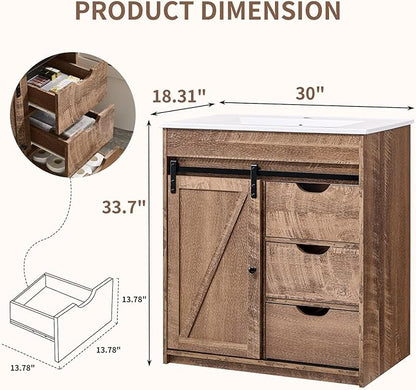 30" Farmhouse Bathroom Vanity with Ceramic Sink Combo, Freestanding Modern Bathroom Storage Vanity Cabinet w/Sliding Barn Door, 3 Drawers & Adjustable Shelves, Light Brown