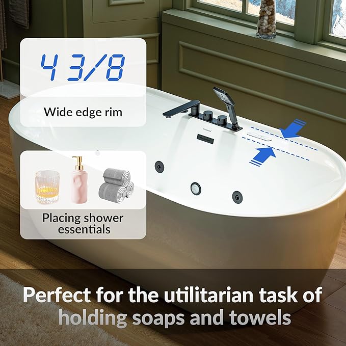 WOODBRIDGE 72" x 35-3/8" Whirlpool and Air Bath Heated Soaking Combination Tub with Adjustable Speed Air Blower, Tub Filler, and LED control panel, Matte Black Finish Trim and Drain Kit, BM500+F0051MB