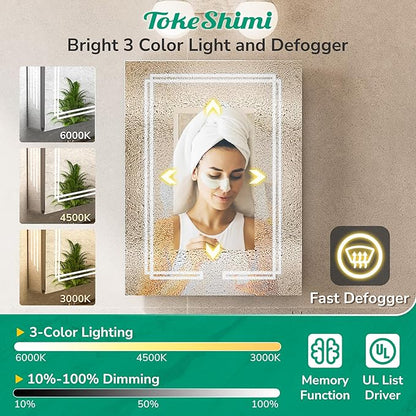 TokeShimi 40x32 Inch LED Medicine Cabinet with Lighted Mirror, 3 Color Stepless Dimming Bathroom Cabinet with Defogger Tempered, CRI 80+, Anti-Fog, Memory Funtion, Wall Lit Mirror with Storage