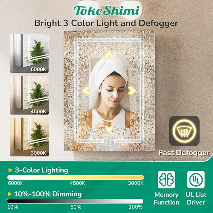 TokeShimi 48 x 32 Lighted Bathroom Medicine Cabinet with Mirror Tempered, 3 Color LED Mirror with Storage with Stepless Dimming, CRI 80+ Anti-Fog, Memory Funtion, Wall Mirrored Medicine Cabinet