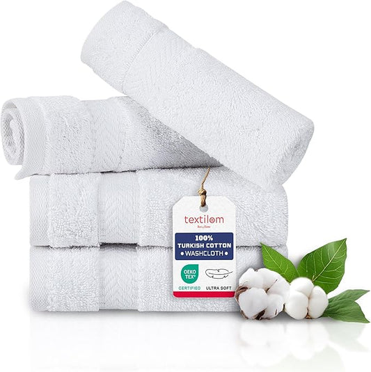 TEXTILOM Washcloths for Body and Face – Hotel and Spa Quality & Soft & Absorbent & Quick Dry Wash Cloths for Your Body – 100% Turkish Cotton Wash Clothes Towel Set of 4 (13 x 13 inches) - White