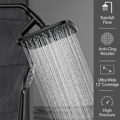 Veken 11.8 Inch Rain Shower Head with Handheld- High Pressure Dual Shower Heads with 5 Modes Handheld Spray Combo- Wide Rainfall Showerhead with Hose, Bathroom Accessories, Matte Black
