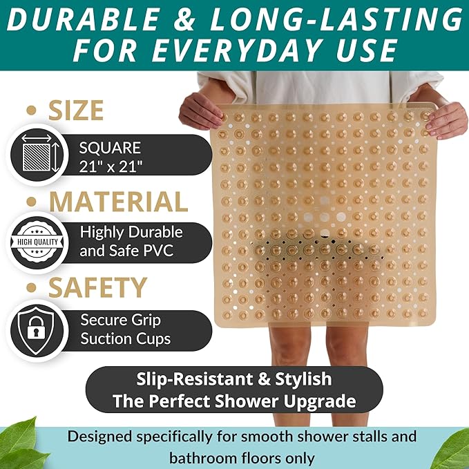 ENKOSI Square Shower Mat – 21 x 21 Inch Non-Slip Bathroom Shower Stall Mat with Suction Cups and Drain Holes – Anti-Slip Bathtub Shower Mats for Inside Shower (21x21 Clear Brown)