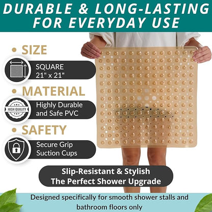 ENKOSI Square Shower Mat – 21 x 21 Inch Non-Slip Bathroom Shower Stall Mat with Suction Cups and Drain Holes – Anti-Slip Bathtub Shower Mats for Inside Shower (21x21 Clear Brown)