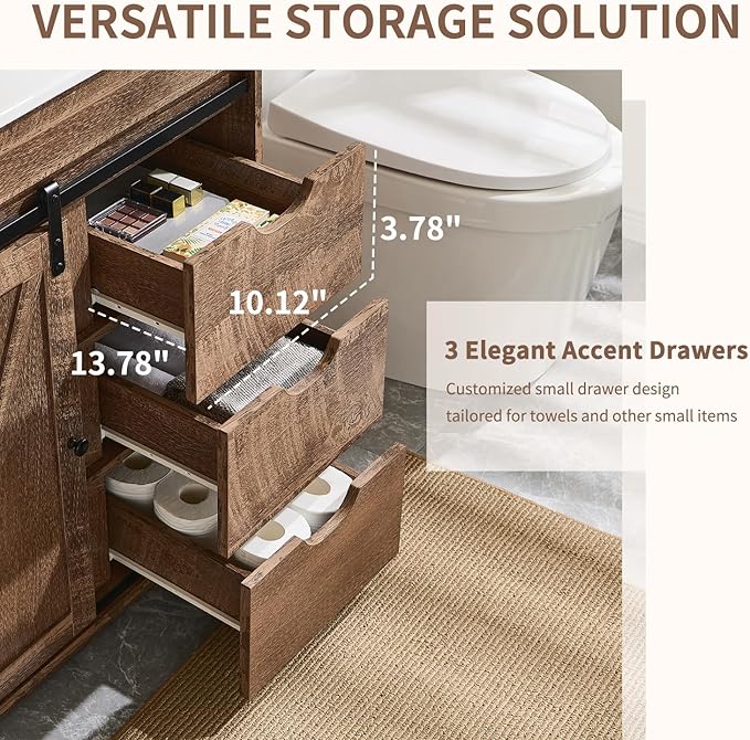 30" Farmhouse Bathroom Vanity with Ceramic Sink Combo, Freestanding Modern Bathroom Storage Vanity Cabinet w/Sliding Barn Door, 3 Drawers & Adjustable Shelves, Light Brown