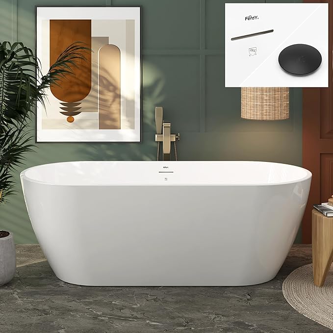 FerdY 67" Bali Elite Acrylic Freestanding Bathtub, Gracefully Shaped Freestanding Soaking Bathtub, cUPC Certified, Toe-Tap Matte Black Drain and Minimalist Linear Design Overflow Included