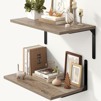 Fun Memories Floating Shelves for Wall, 12 Inch Deep Floating Shelves Set of 2, Wall Mounted Shelf with Metal Brackets, Rustic Wood Wide Shelf for Bathroom, Kitchen and Living Room, Grey, 24W x 12D