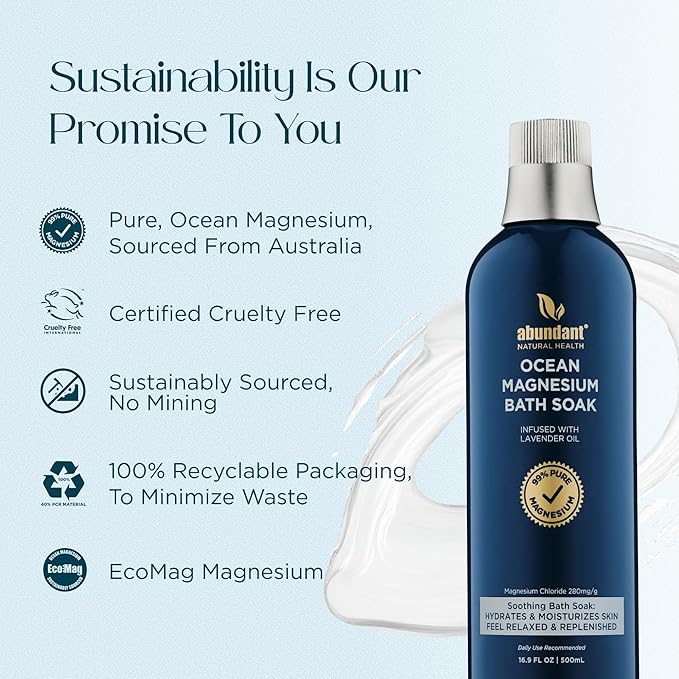 Abundant Natural Health Ocean Magnesium Bath Soak Infused with Lavender Oil to Hydrate, Soothe and Moisturize Skin, Relax and Replenish Muscles, Highly Concentrated Pure Magnesium Salts, 500mL
