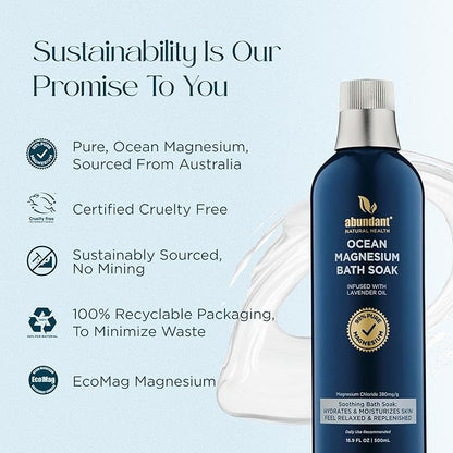 Abundant Natural Health Ocean Magnesium Bath Soak Infused with Lavender Oil to Hydrate, Soothe and Moisturize Skin, Relax and Replenish Muscles, Highly Concentrated Pure Magnesium Salts, 500mL
