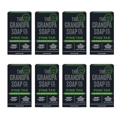 The Grandpa Soap Company Pine Tar Bar Soap for Men- Made With Pine Tar Oil, 3 in 1 Cleanser Deodorizer and Moisturizer, Dermatologist Tested, Safe for Sensitive Skin, 4.25 Oz, 8 Pack