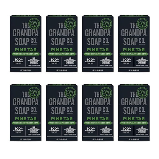 The Grandpa Soap Company Pine Tar Bar Soap for Men- Made With Pine Tar Oil, 3 in 1 Cleanser Deodorizer and Moisturizer, Dermatologist Tested, Safe for Sensitive Skin, 4.25 Oz, 8 Pack