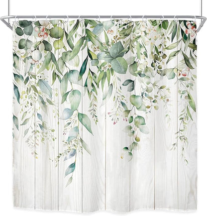 Riyidecor Sage Green Eucalyptus Leaves Shower Curtain for Bathroom Decor 72Wx72H Wooden Rustic Leaf Plants Botanical Spring Floral Art Printed Fabric Polyester Waterproof 12 Pack Plastic