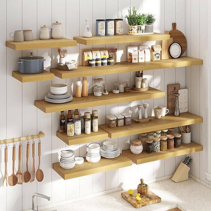 30 Inch Floating Shelves for Wall Set of 2, 12"D Wood Grain Bathroom Shelves with Invisible Brackets, Easy Install Engineered Wood Storage Shelves for Kitchen, Living Room, Bedroom, Oak Finish