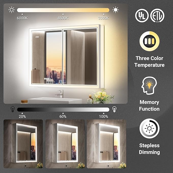 20x32 Lighted Medicine Cabinet with Beveled Mirror & Clock, Surface or Recessed Mirrored Medicine Cabinet with Dimmable Light Anti-fog, Built-in Sensing Light & Outlet, Soft-Close Right Hinge