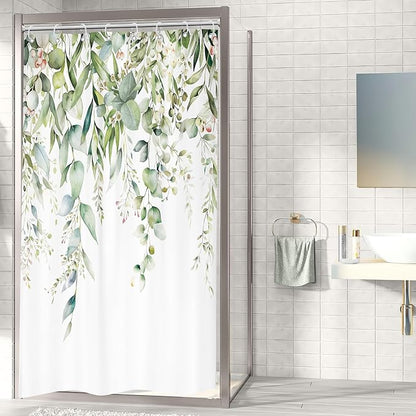 Riyidecor Small Stall Narrow Shower Curtain for Bathroom Decor 48Wx72H Sage Green Eucalyptus Leaves Plants Botanical Spring Floral Art Printed Fabric Polyester Waterproof