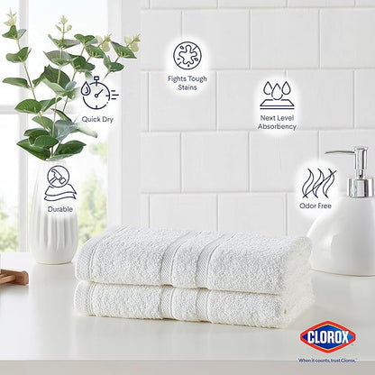 CLOROX Bleach Friendly Towels, Quick Dry, 100% Cotton Hand Towels (16" x 26"), Highly Absorbent Soft Lightweight, Ideal for Everyday Use, Easy to Wash (2 Pack, White)