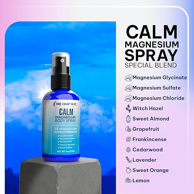 No Crap In It Calm Magnesium Spray Triple Magnesium Power: All Natural Magnesium Chloride, Glycinate, Sulfate-4oz