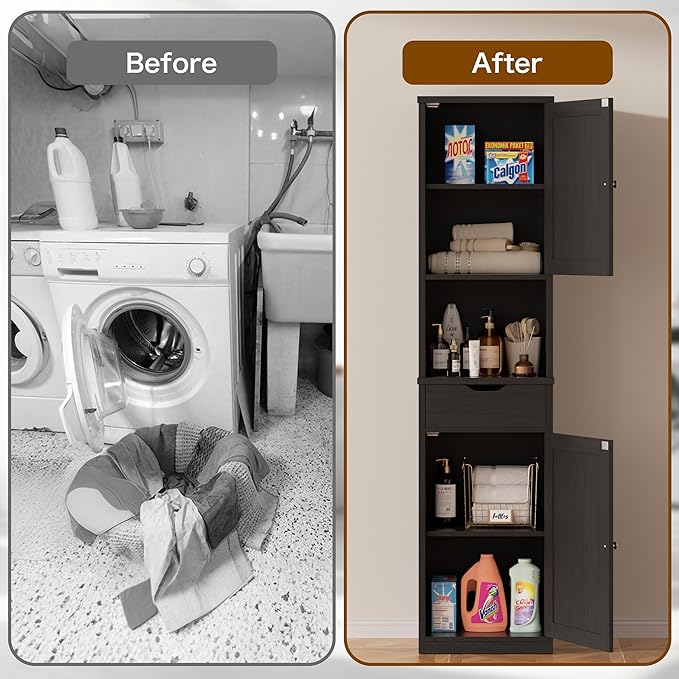 Walsunny Tall Bathroom Storage Cabinet with Freestanding Adjustable Shelves, Narrow Storage Linen Cabinet with 2 Doors and 1 Drawers for Bathroom, Living Room, Kitchen, Black