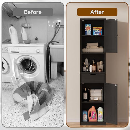 Walsunny Tall Bathroom Storage Cabinet with Freestanding Adjustable Shelves, Narrow Storage Linen Cabinet with 2 Doors and 1 Drawers for Bathroom, Living Room, Kitchen, Black