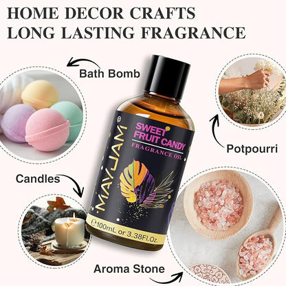Sweet Fruit Candy Fragrance Oil Essential Oil, MAYJAM 3.38FL.OZ Sweet Fruit Candy Oil for Diffusers for Home, Long Lasting Scented Oils for Soap Candle Making - 100ML