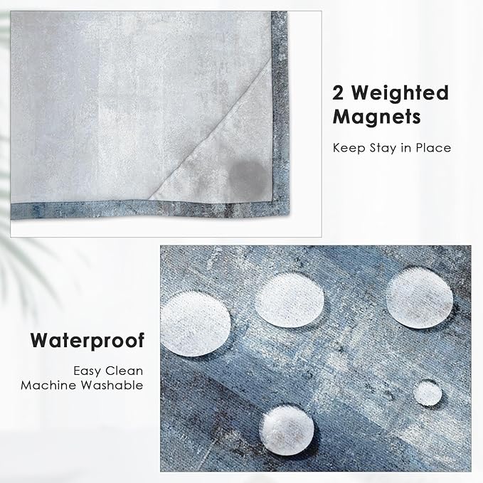 No Hook Grey Navy Blue Painting Shower Curtain with Snap in Fabric Liner Set, Abstract Double Layers Waterproof Fabric with See Through Top Window Open Grommet Bath Curtain 71x74 Inch