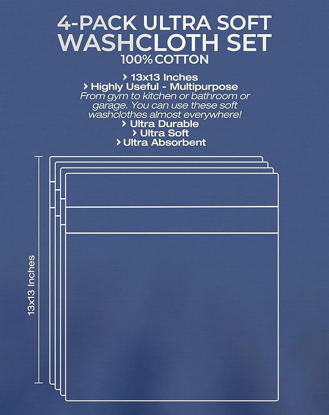 American Veteran Towel, 100% Cotton Turkish Washcloths for Bathroom Essentials 4 Pack, Soft Absorbent Wash Cloths Quick Drying Small Towels Washrags, Aqua Blue