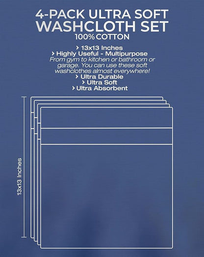 American Veteran Towel, 100% Cotton Turkish Washcloths for Bathroom Essentials 4 Pack, Soft Absorbent Wash Cloths Quick Drying Small Towels Washrags, Aqua Blue