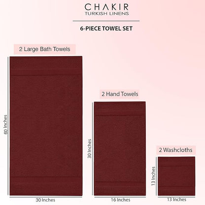 Chakir Turkish Linens 100% Cotton Premium Turkish Towels for Bathroom, 2 Large Bath Towels, 2 Hand Towels, 2 Washcloths (6-Piece Towel Set, Cranberry)