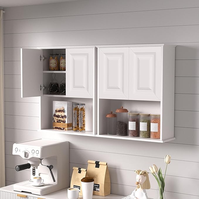 Bathroom Wall Cabinet Wooden with 2 Doors,Over the Toilet Storage Cabinet,Bathroom and Laundry Wall Mount Storage Medicine Cabinet with Open and Adjustable Shelf,Easy Assembly (Style B-2 PC, White)
