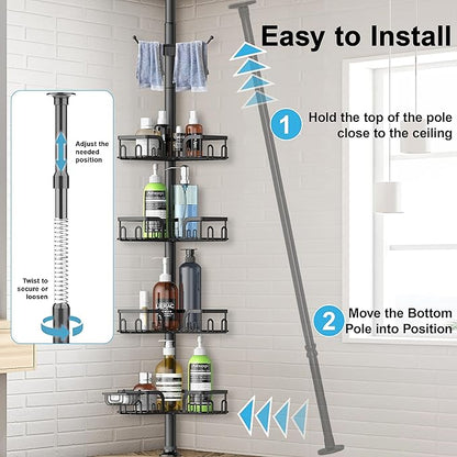 Corner Shower Caddy Tension Pole,39-113 inch Adjustable Rustproof Floor Standing Shower Organizer Shelf with 4 Basket for Bathtub,Inside Shower Shampoo Storage,Black