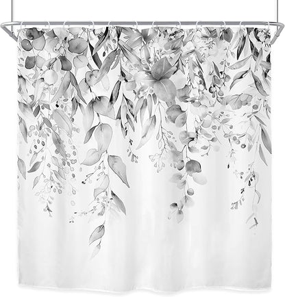 Riyidecor Grey Eucalyptus Leaves Shower Curtain for Bathroom Decor 72Wx72H Retro Plants Watercolor Floral Rustic Botanical Nature Gray Art Printed Fabric Polyester Waterproof 12 Pack Plastic