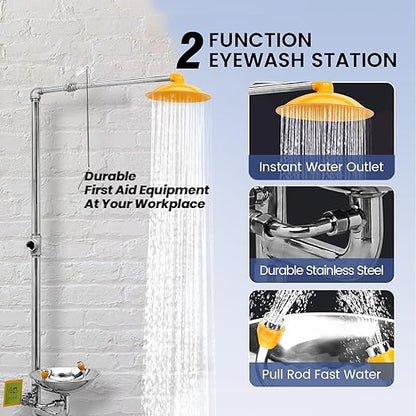Emergency Eye Wash Station with Shower Stainless Steel Eyewash and Shower Kit Integrated Eyewash and Shower System Multi-Functional Eyewash Station First Aid Eyewash and Shower Kit.