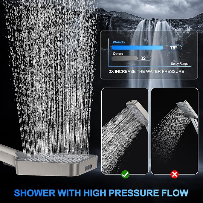 Shower Faucet Set, 12" Wall Mount Rainfall Shower System with 2 Rain Shower Head and Multi-function Handheld Head Push Button Diverter Shower Faucet Trim Kit, Brushed Nickel