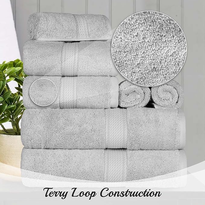 Superior Egyptian Cotton Pile 8 Piece Towel Set, Includes 2 Bath, 2 Hand, 4 Face Towels/Washcloths, Ultra Soft Luxury Towels, Thick Plush Essentials, Guest Bath, Spa, Hotel Bathroom, Silver