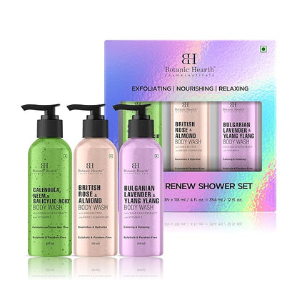 Botanic Hearth Relax & Renew Body Wash Set – British Rose, Lavender & Calendula Neem, Travel-Size 3-Pack, Gentle Cleansing Shower Gel – 4 fl oz Each