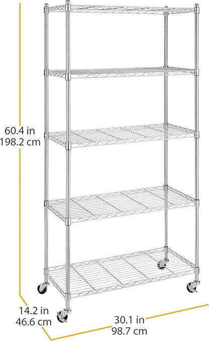 Whitmor 5 Tier Shelving Unit, Adjustable Storage Shelves with Wheels, 400 lbs Capacity per Shelf, Max 2000 lbs Total for Pantry, Kitchen, Garage, 30" L x 14" W x 60" H, Chrome