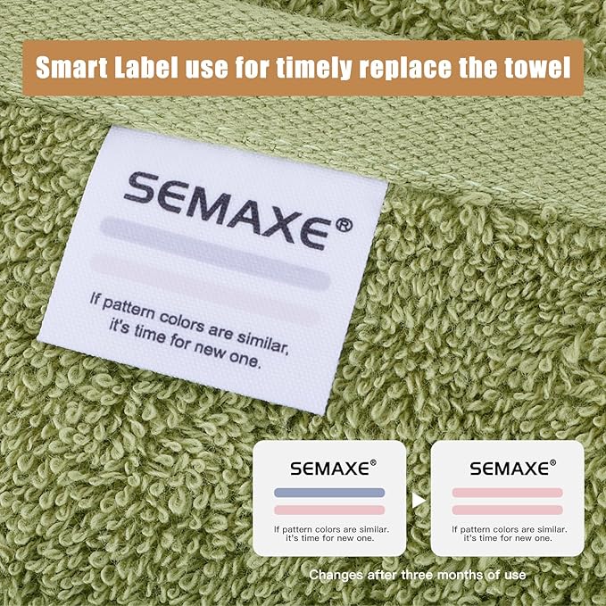 SEMAXE 18-Pack Bath Towel Set Include 6 Bath Towels, 6 Hand Towels, 6 Wash Cloths, 100% Cotton Bathroom Towels with Hanging Loops and Nano-Bio Lifecycle Labels, Soft and Absorbent Towel, Green
