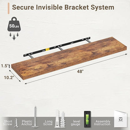 Vivelove 10 Inch Deep Floating Shelves 48 inch Long, 48 x 10 Wide Wall Shelves with Invisible Brackets, for Bedroom Bathroom Living Room Kitchen Office, Farmhouse Home Decor, Set of 2, Rustic Brown