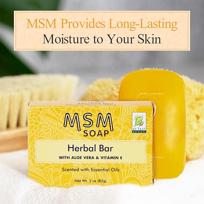 At Last Naturals MSM Soap Bar Body Soap for Men and Women Fine Line Wrinkle Reduction Herbal Moisturizer with Aloe Vera Vitamin E Essential Oils Deep Cleansing for Sensitive Skin 3 Ounce (Pack of 1)