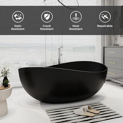 SJ STAR&JANE 63" x 38" Solid Surface Freestanding Bathtub, Oval Soaking Tub with Overflow and Pop-up Drain for Bathroom Matte Black