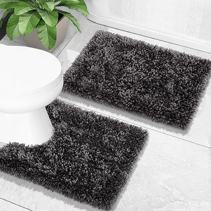 Yimobra Toilet Rugs U Shaped Washable, Extra Thick Soft Absorbent Chenille Contour Bathroom Rugs for Toilet 24x24 Inch, Quick Dry Non Slip Toilet Mat for Bath Floor, Dark Grey