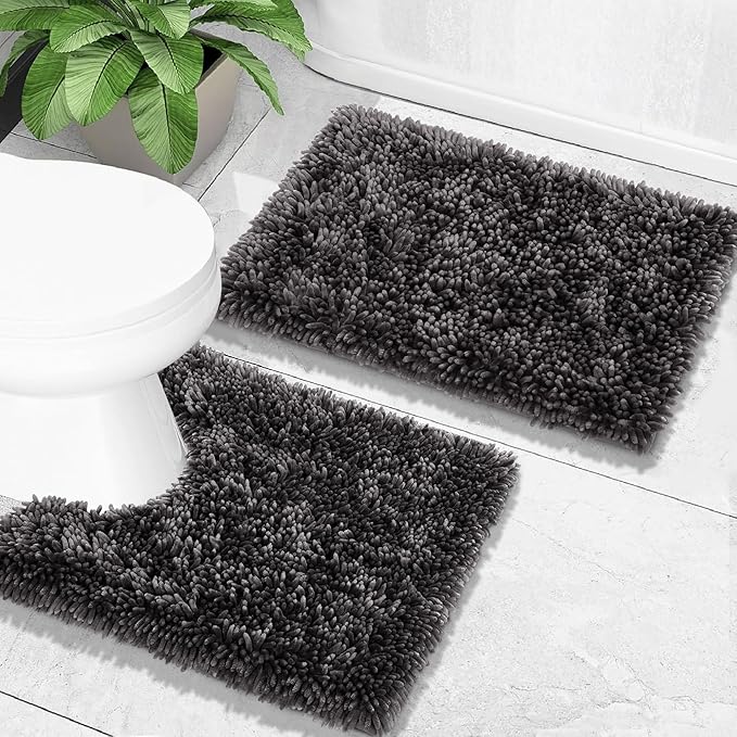 Yimobra Toilet Rugs U Shaped Washable, Soft Comfortable Toilet Mat for Bathroom Floor, Non-Slip Contour Bathroom Rugs for Toilet, Fluffy, Thick, Dry Quickly Absorbent Water, 24 x 20, Dark Grey