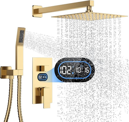 Shower Faucet Set with Hydro Power Temperature Display, Shower System Bathroom 10 Inches Shower Head with Handheld Spray, Wall Mounted Shower Fixtures with Shower Valve and Trim Kit, Brushed Gold